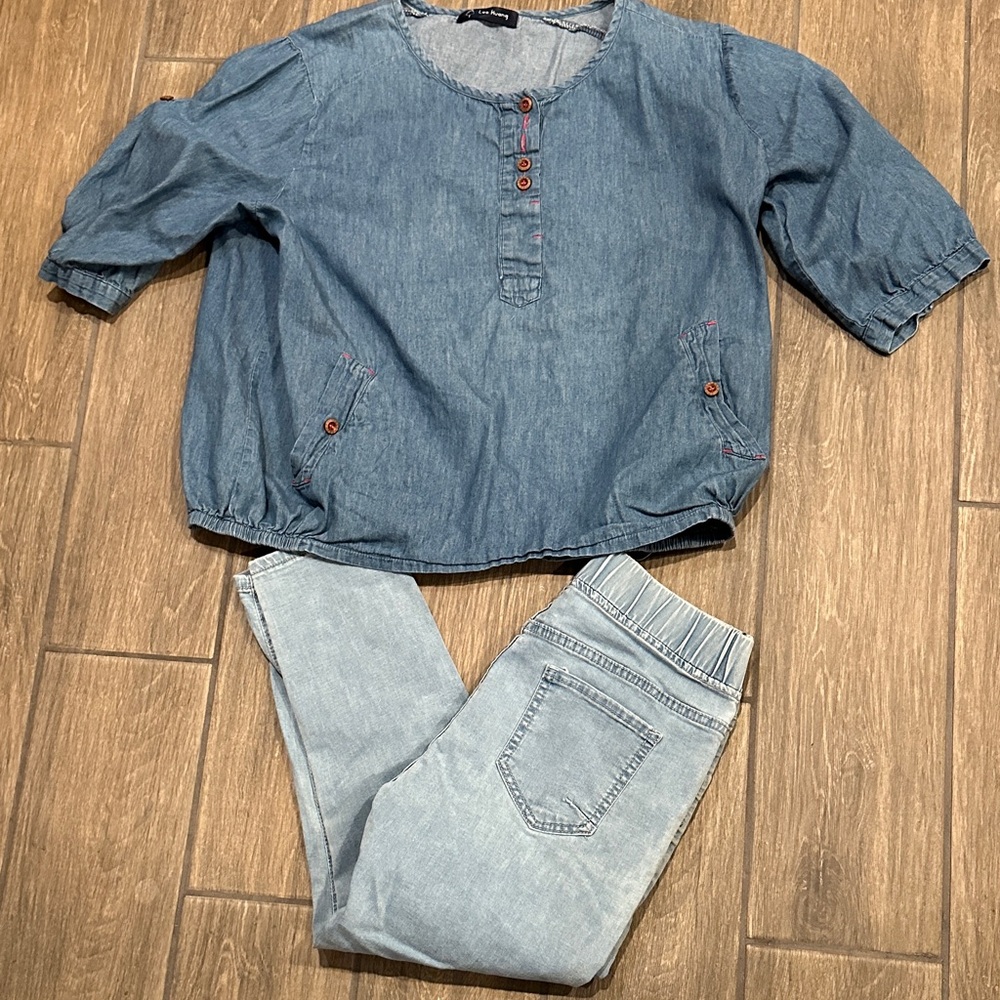 Denim Blue Maternity Shirt and Pants Set. Cool and comfortable.